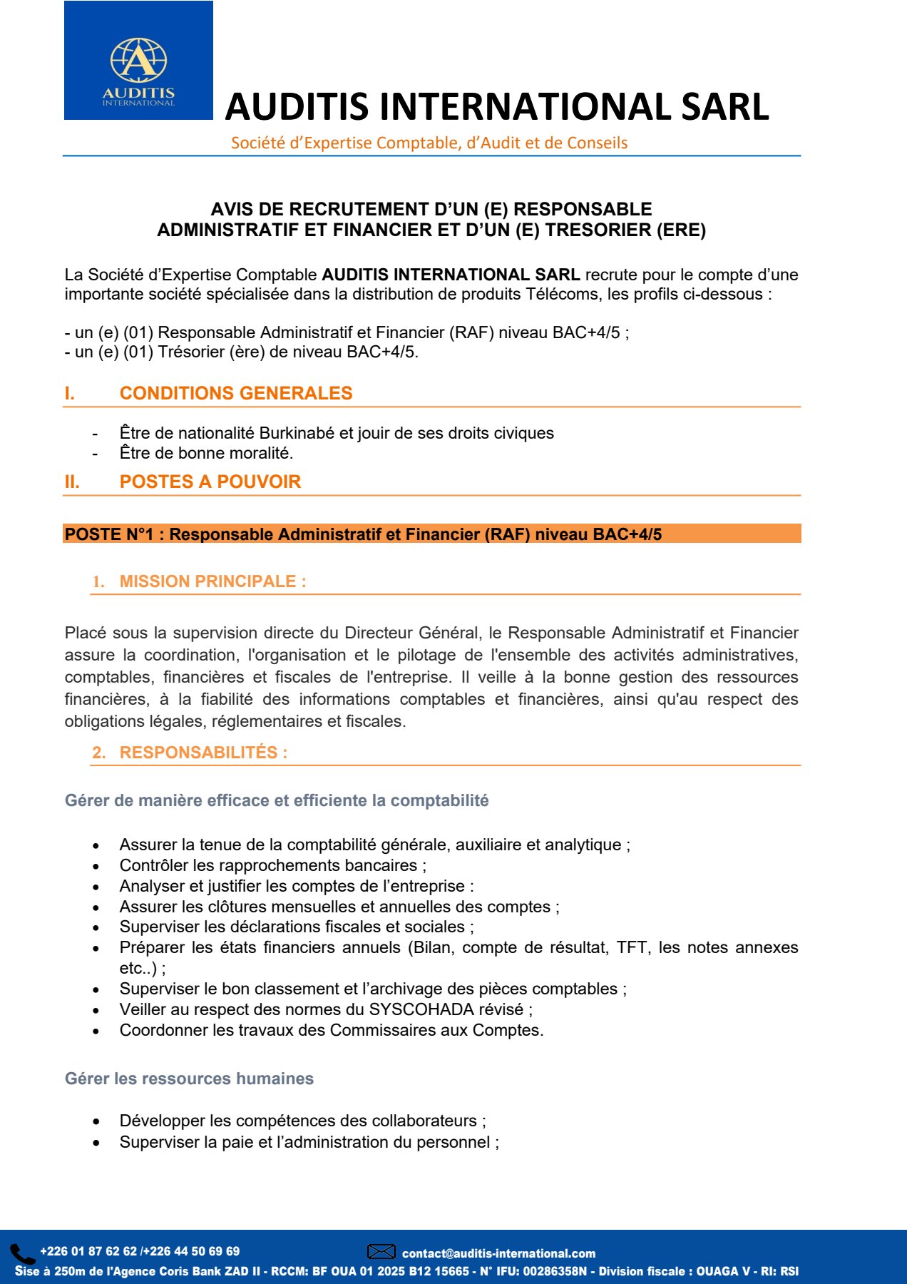 AVIS DE RECRUTEMENT D’UN (E) RESPONSABLE  ADMINISTRATIF ET FINANCIER ET D’UN (E) TRESORIER (ERE)