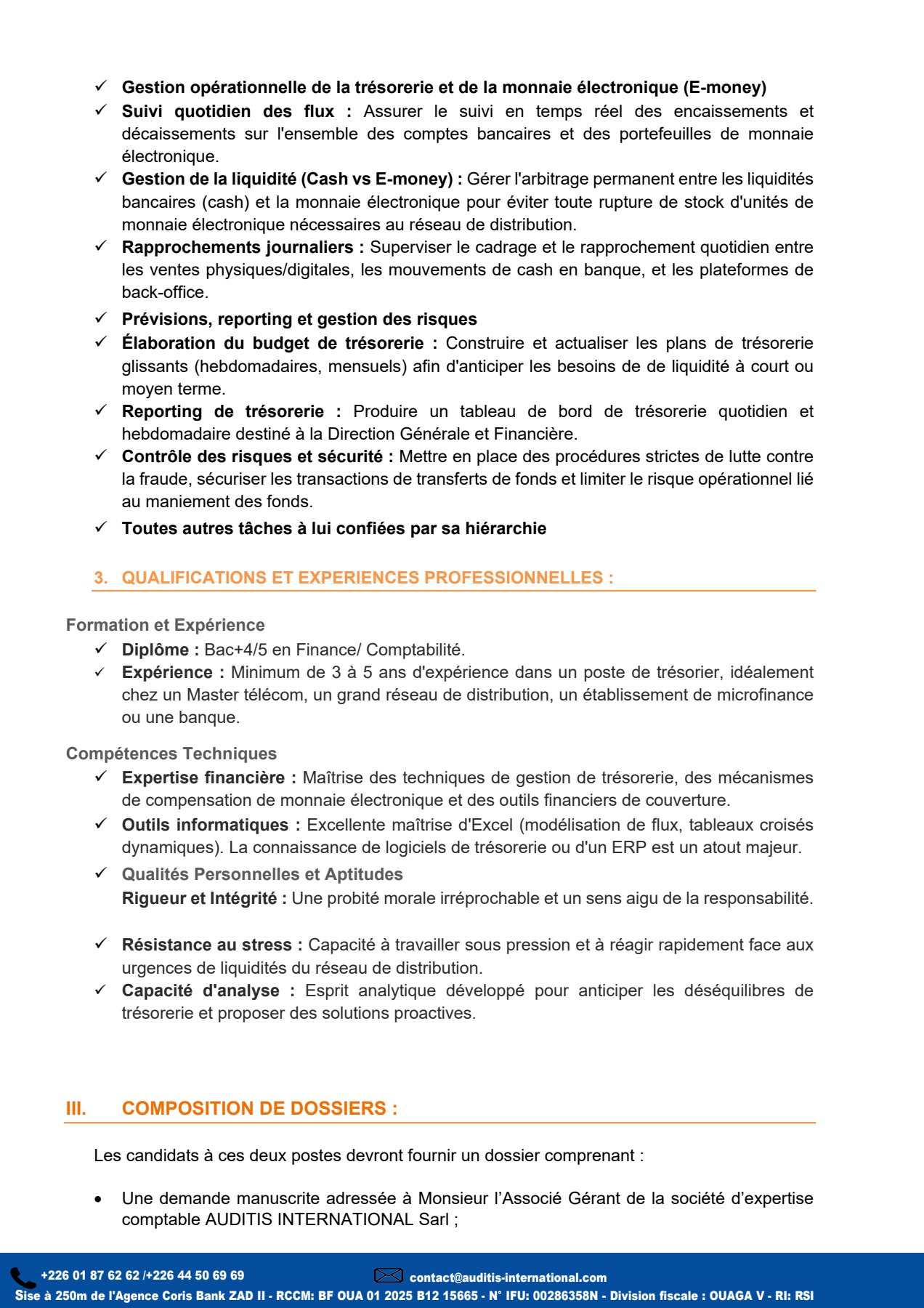 AVIS DE RECRUTEMENT D’UN (E) RESPONSABLE  ADMINISTRATIF ET FINANCIER ET D’UN (E) TRESORIER (ERE)