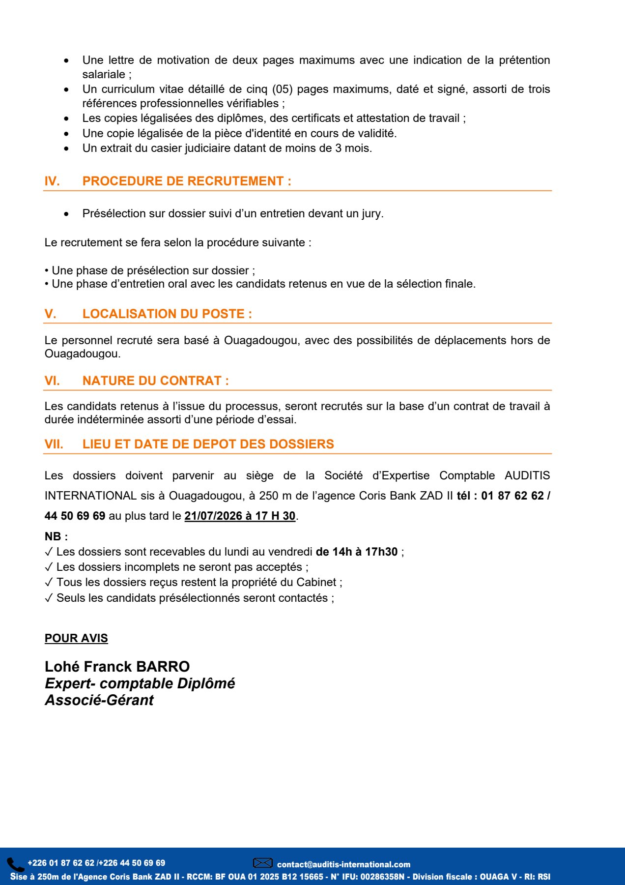 AVIS DE RECRUTEMENT D’UN (E) RESPONSABLE  ADMINISTRATIF ET FINANCIER ET D’UN (E) TRESORIER (ERE)